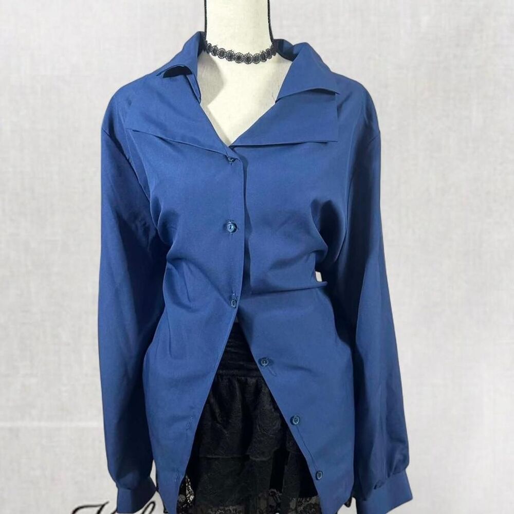 Dark Style Gothic Navy Blue Long Sleeve Button Up Top